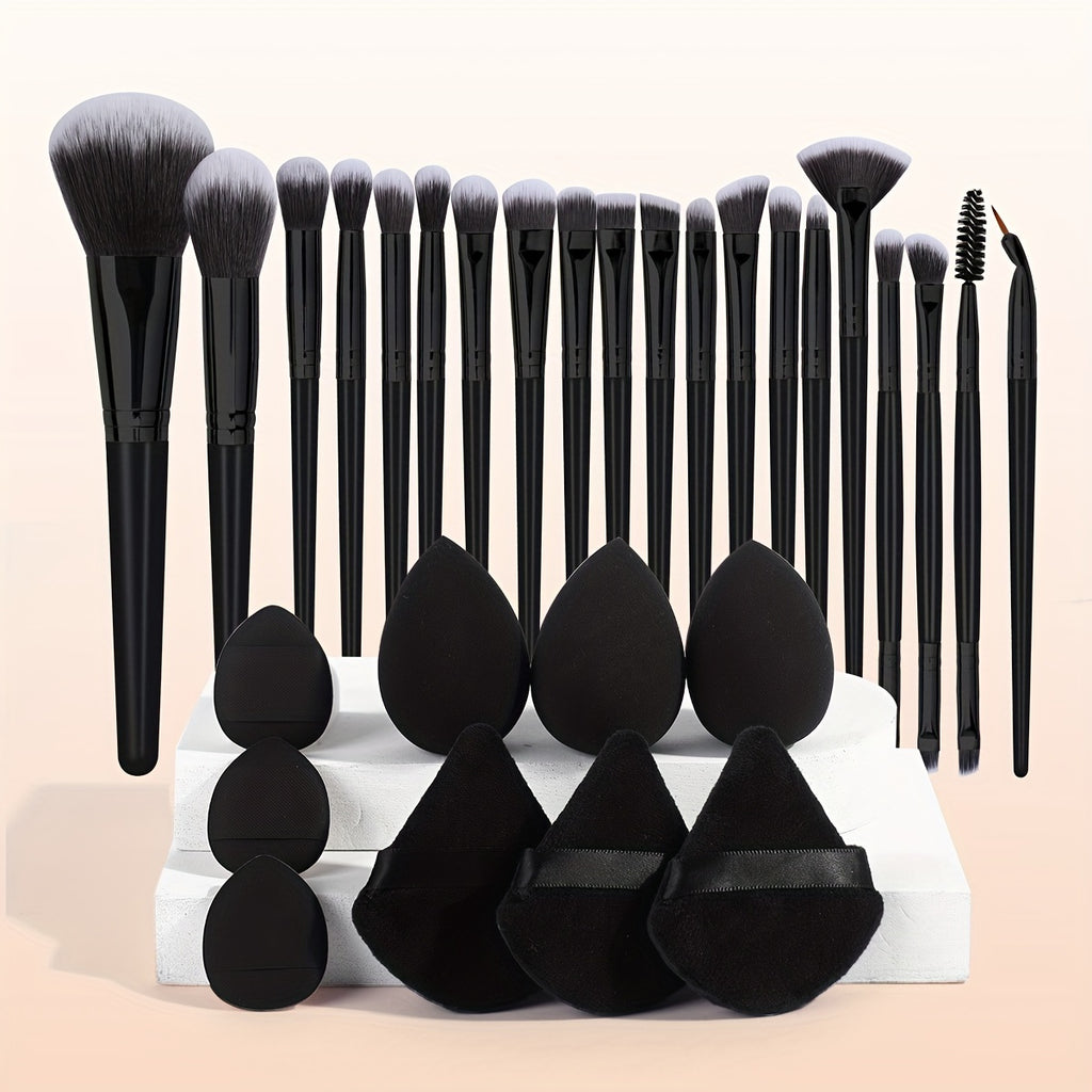 20-Piece Deluxe Makeup Brush Set + 9-Pc Makeup Sponge Set - Portable Travel Foundation Brush Kit with Powder Puff, Finger Puff, and Blusher Brush - Perfect Mother's Day Gift for Beauty Enthusiasts