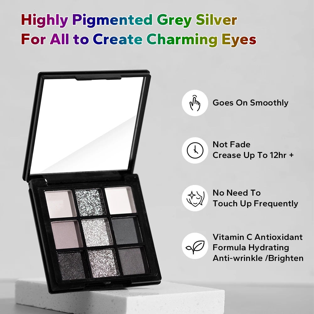 9 Color Portable Eyeshadow Palette Waterproof Pigmented Matte Smoky Gothic Dark Black Shiny Eye Makeup