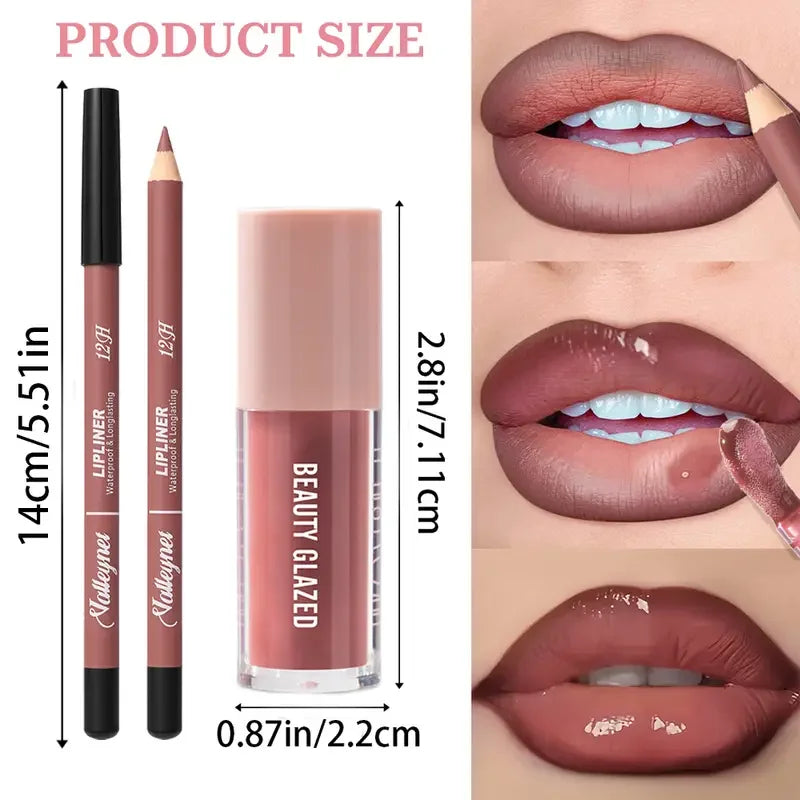 2pcs Waterproof Long-Lasting Matte Lip Makeup Set - Lip Liner & Glaze Combo with Pencil Texture, Red, Brown, Pink, Nude Tones
