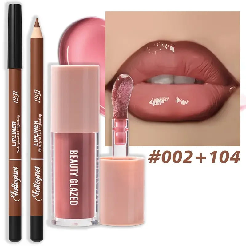 2pcs Waterproof Long-Lasting Matte Lip Makeup Set - Lip Liner & Glaze Combo with Pencil Texture, Red, Brown, Pink, Nude Tones