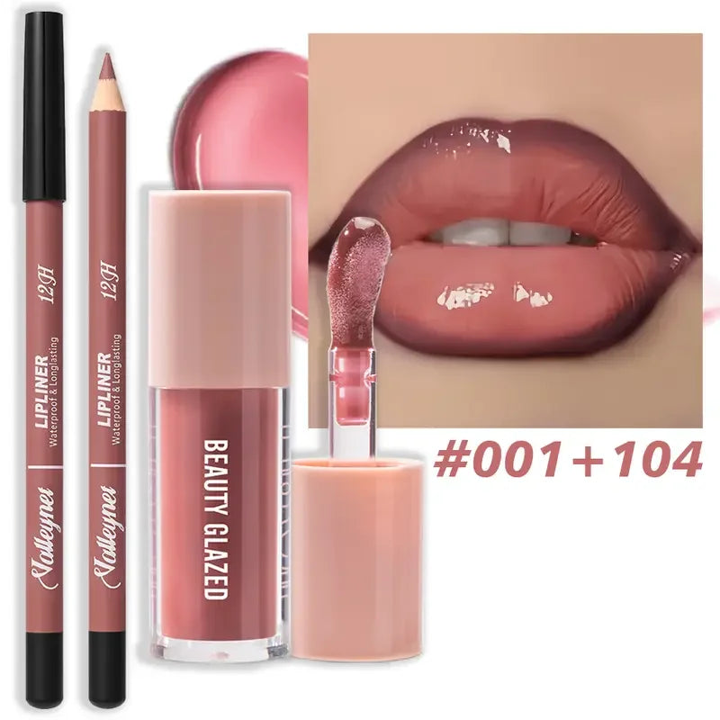 2pcs Waterproof Long-Lasting Matte Lip Makeup Set - Lip Liner & Glaze Combo with Pencil Texture, Red, Brown, Pink, Nude Tones