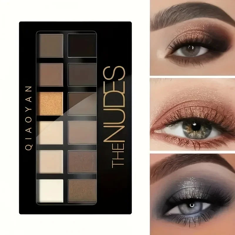 12-color eyeshadow palette, with a brush, waterproof and long-lasting, a tool for shiny makeup looks, suitable for all light bei