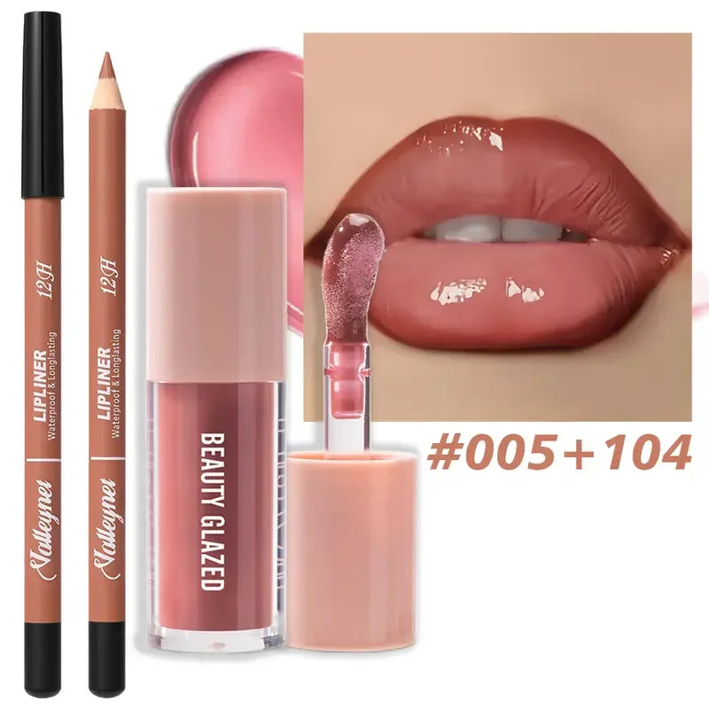 2pcs Waterproof Long-Lasting Matte Lip Makeup Set - Lip Liner & Glaze Combo with Pencil Texture, Red, Brown, Pink, Nude Tones