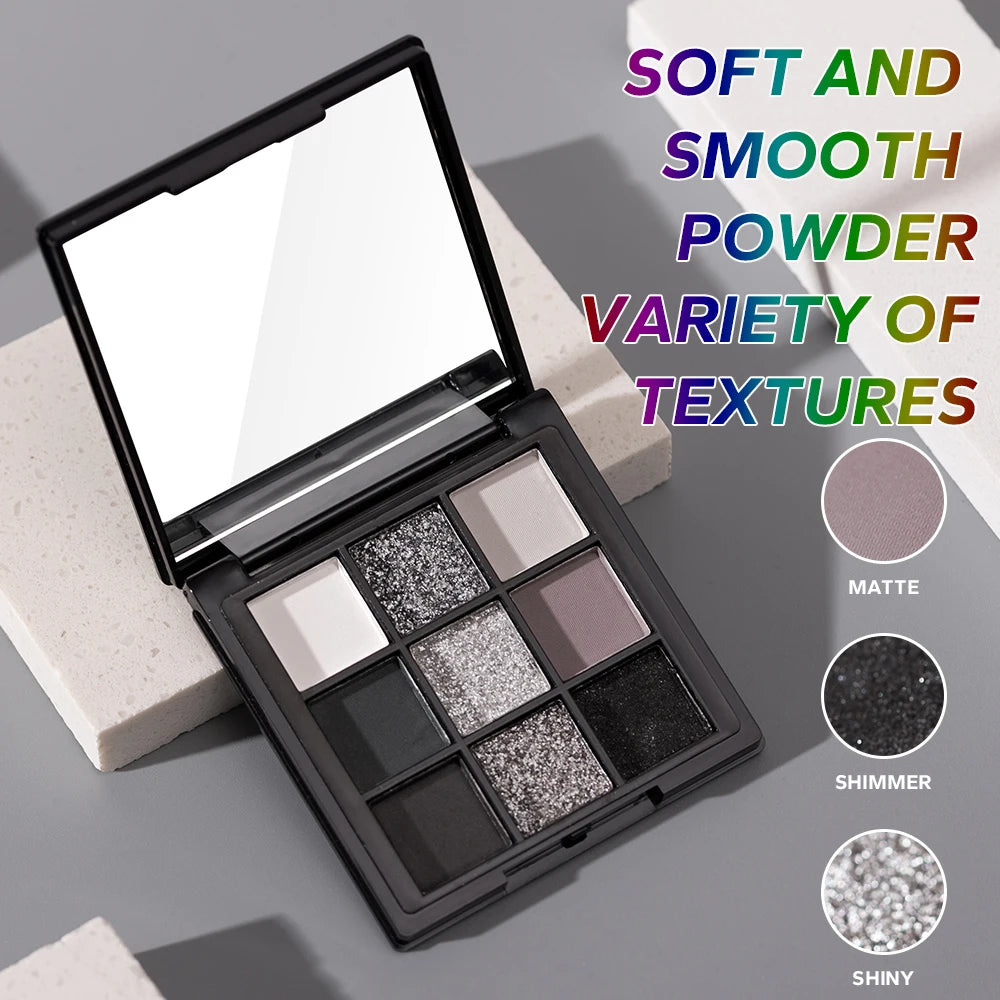 9 Color Portable Eyeshadow Palette Waterproof Pigmented Matte Smoky Gothic Dark Black Shiny Eye Makeup