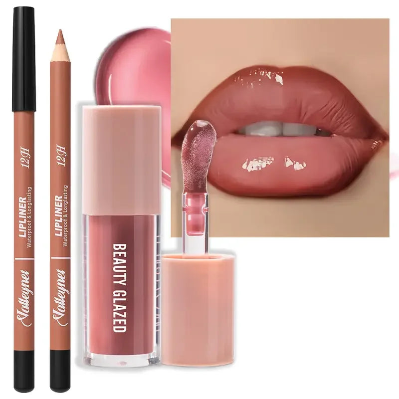 2pcs Waterproof Long-Lasting Matte Lip Makeup Set - Lip Liner & Glaze Combo with Pencil Texture, Red, Brown, Pink, Nude Tones