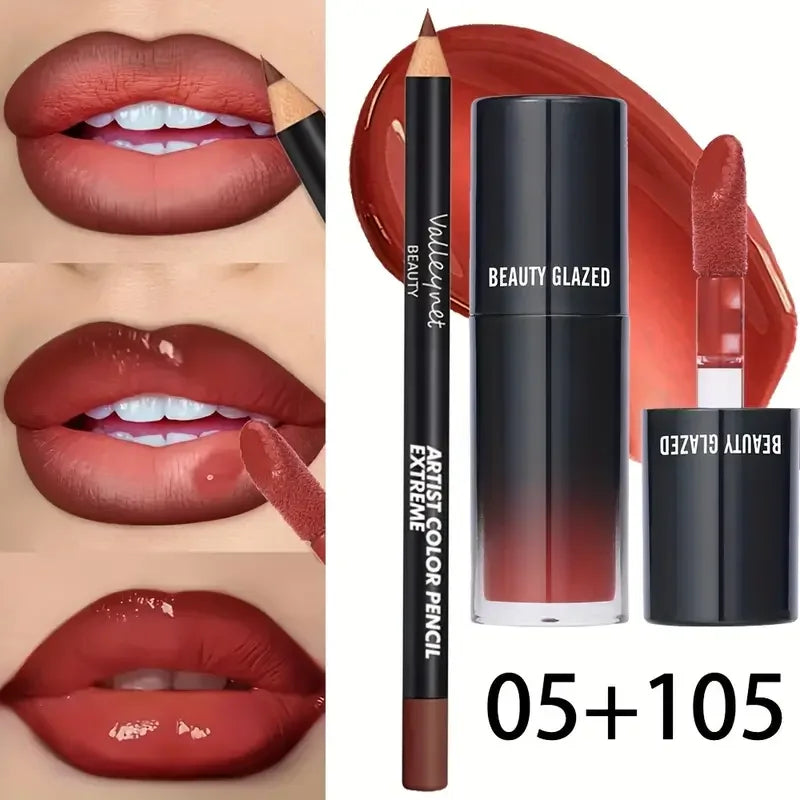 2pcs/Set Velvet Texture Lip Makeup,Matte Effect, Red, Brown Colors, Create a Moisturizing and Natural Lip Makeup