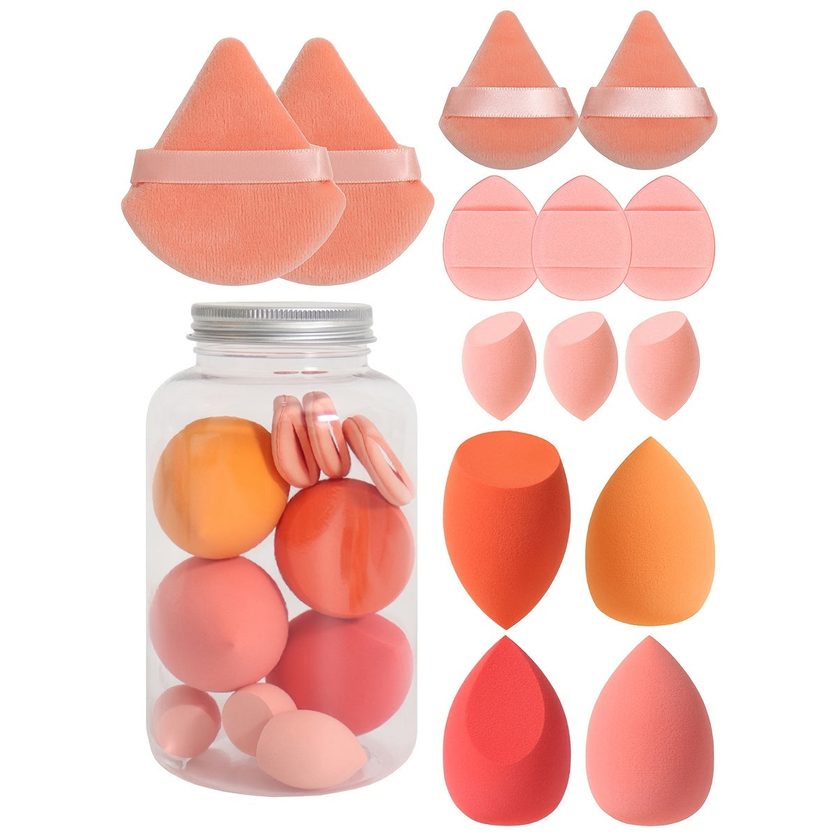 14pc Makeup Sponge Set With Storage Jar, Velvet Beauty Blenders, Latex-Free, Makeup Sponge Finger Puff, Dual-Use Wet & Dry Foundation Cosmetic Puffs, For All Skin Types